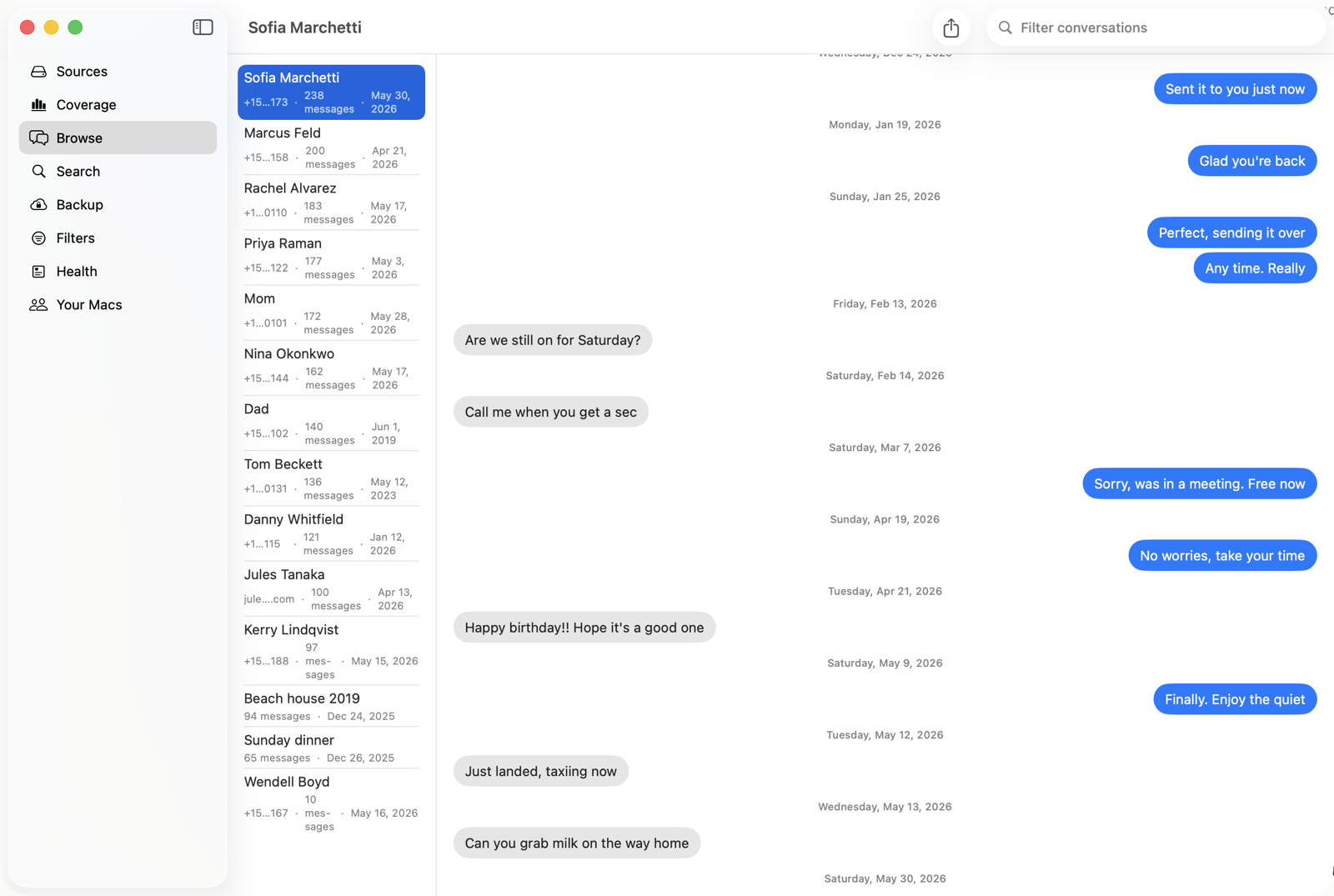 The Message Archive browse view, showing a list of conversations with message counts and dates alongside an open thread.