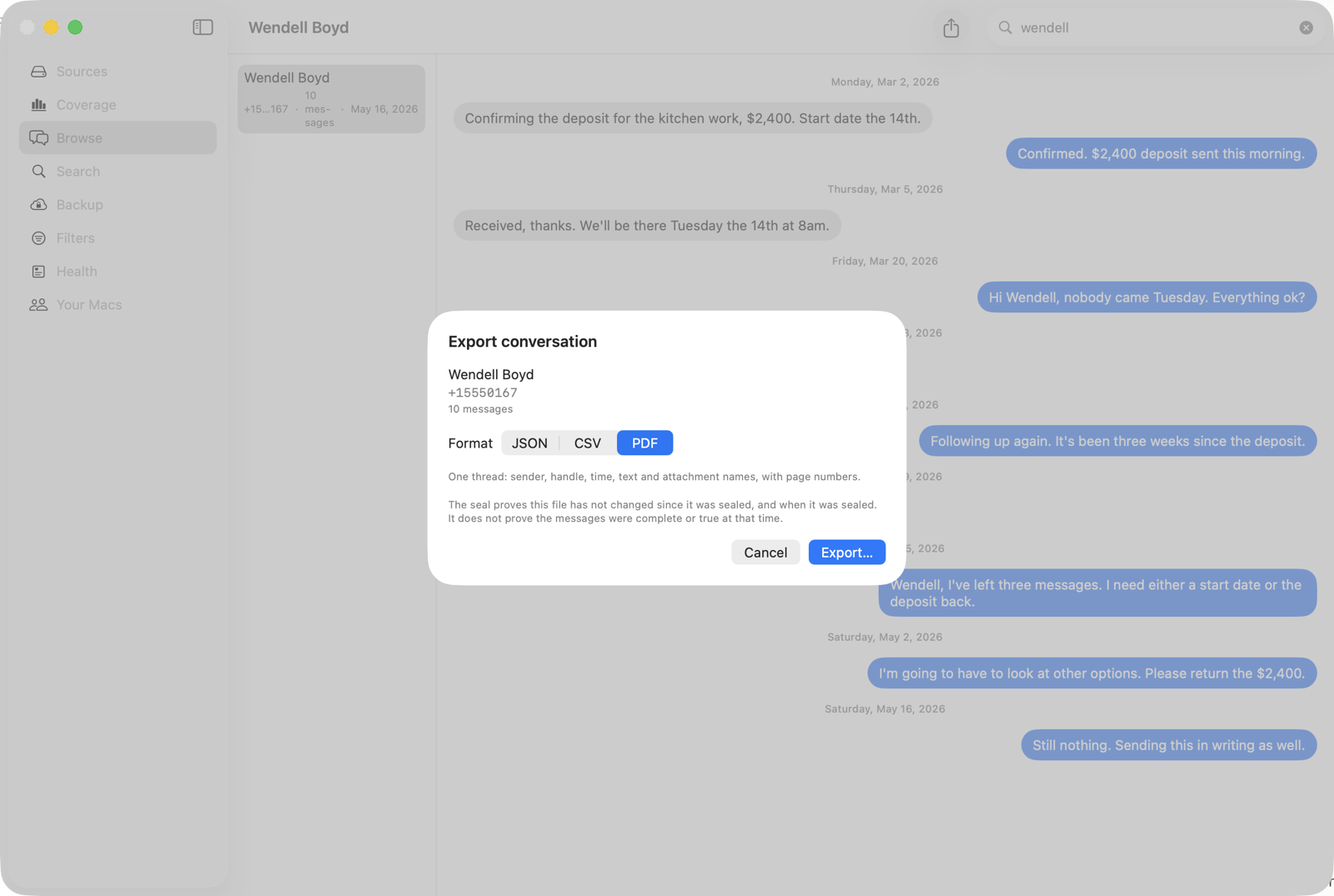 The export dialog in Message Archive, offering JSON, CSV and PDF, with a note explaining what the seal does and does not prove.