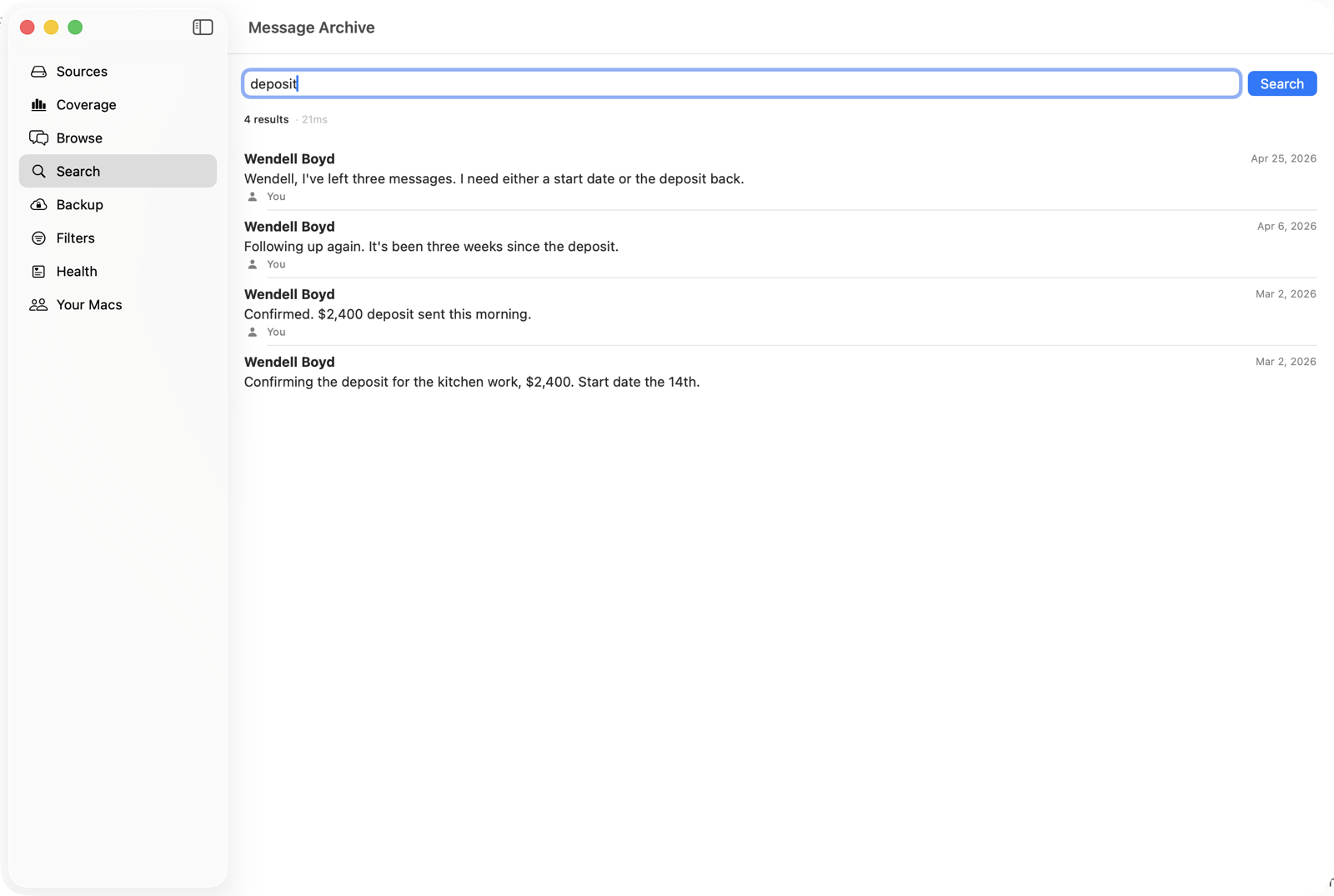 The Message Archive search view, showing four results for the word deposit from a single conversation, each with its date.