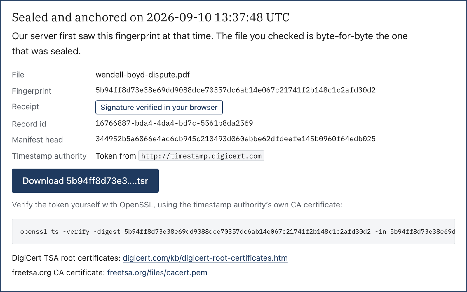 The verify page confirming a sealed and anchored export, showing the fingerprint, record id, and a DigiCert timestamp token.